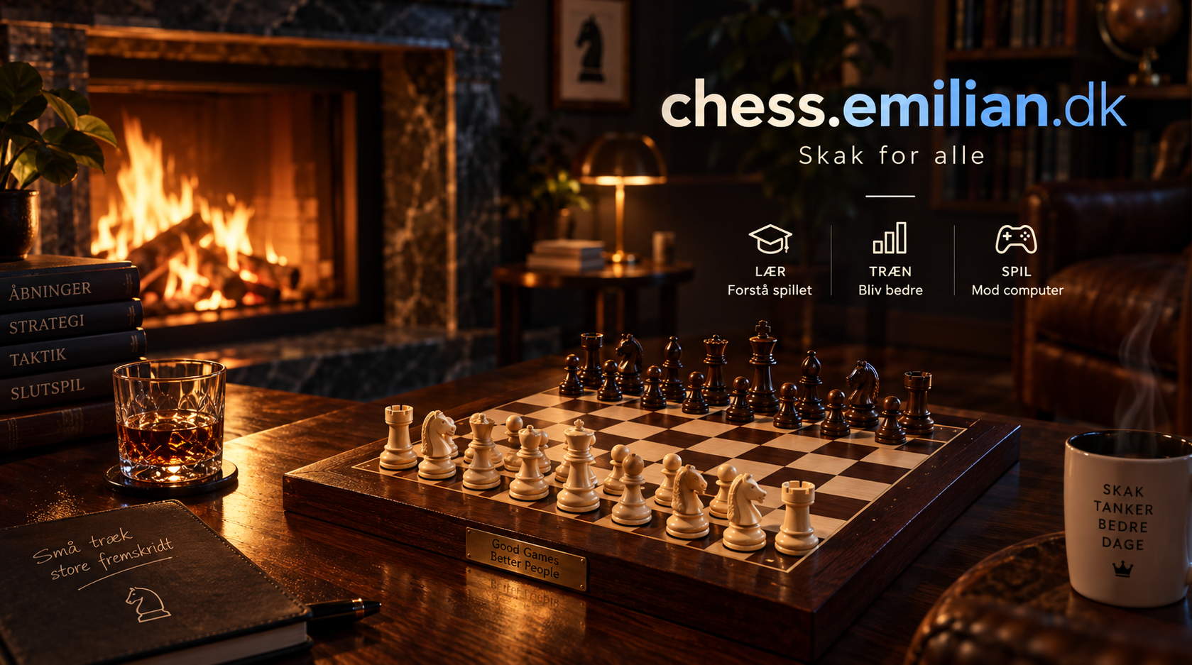 3D Chess: et skakbræt foran pejsen med teksten chess.emilian.dk — Skak for alle. Lær, træn og spil mod computeren.